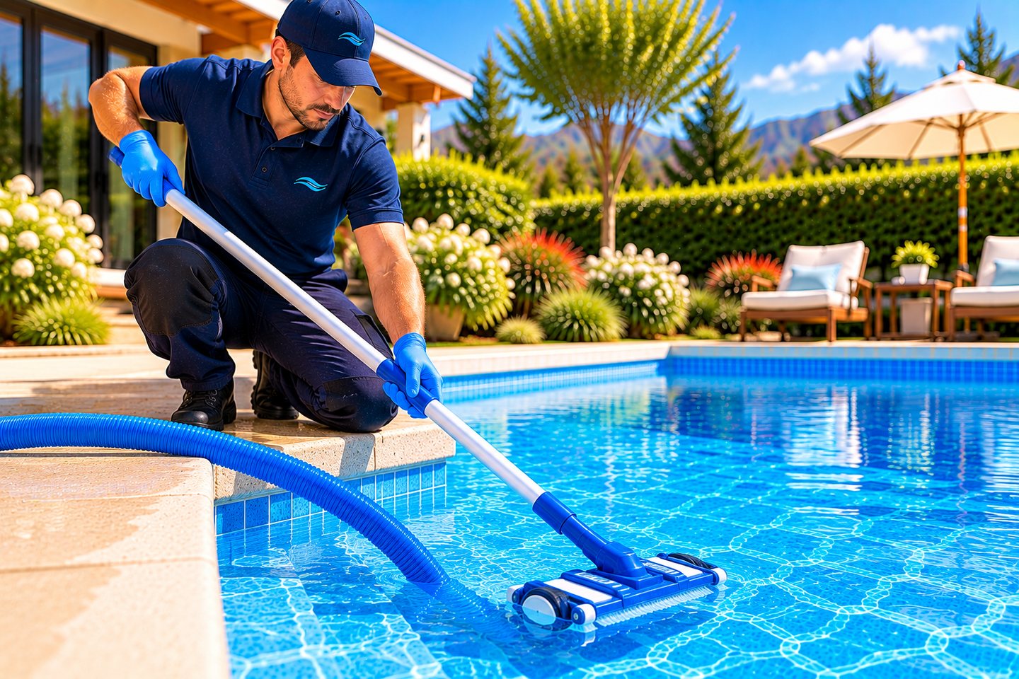 Aspirado manual del fondo de una piscina con pértiga y manguera