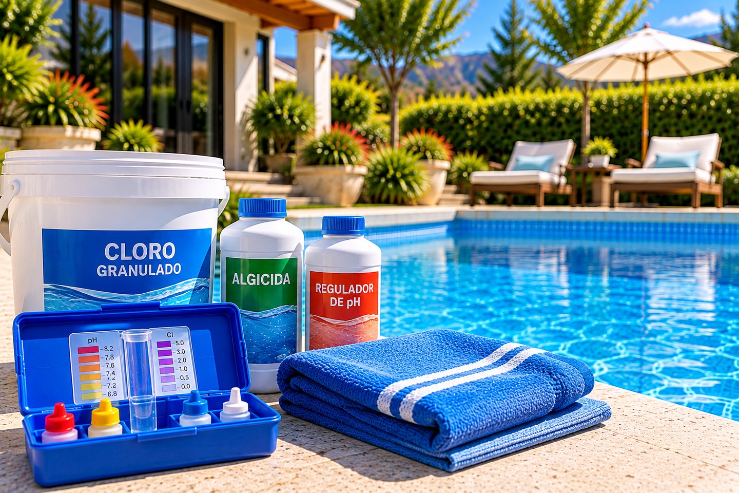 Kit de análisis y productos de tratamiento para piscinas junto al agua
