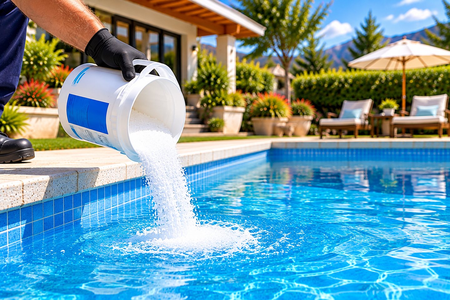 Aplicación de producto granulado en piscina