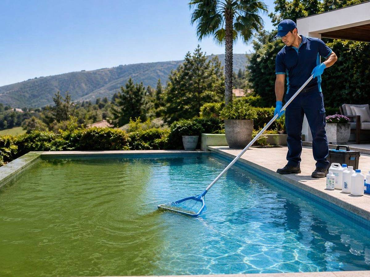 Técnico cepillando una pared de piscina con presencia de algas