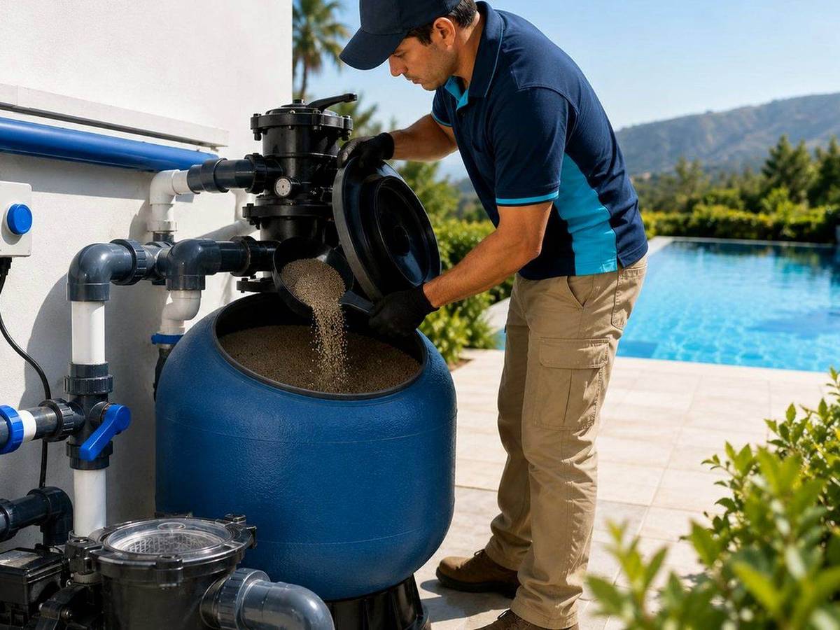 Técnico comparando dos materiales filtrantes junto a un filtro de piscina