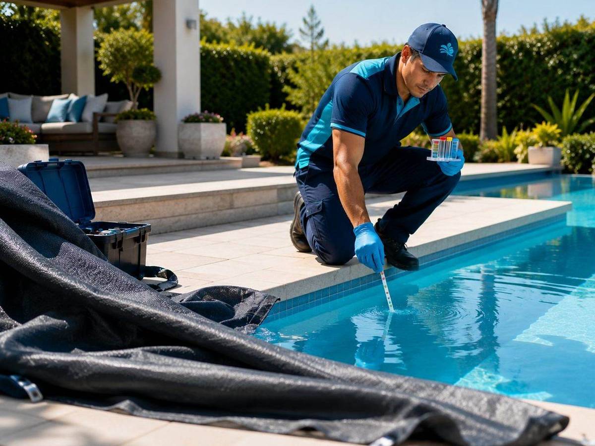 Técnico revisando la manguera y el cabezal de aspirado de una piscina