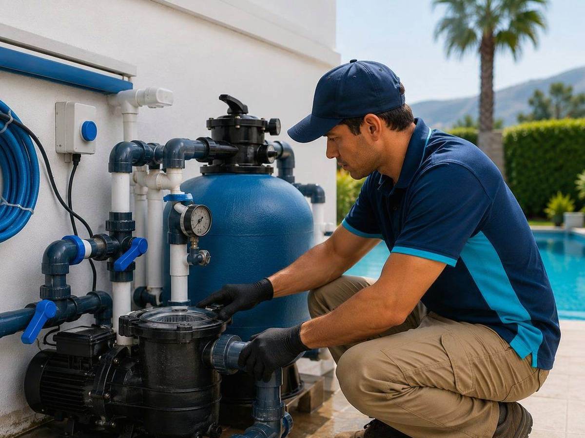 Técnico cebando una bomba de piscina antes de ponerla en funcionamiento