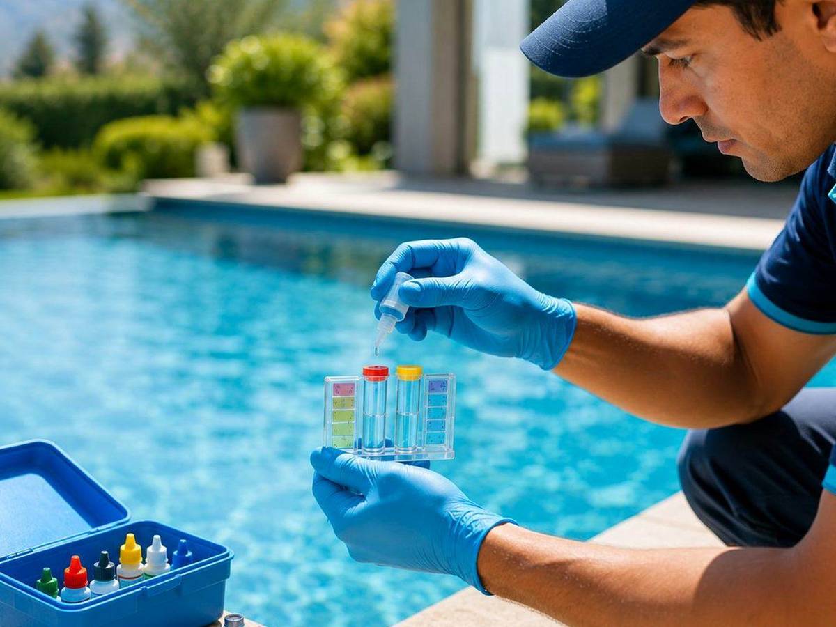 Técnico midiendo el agua de una piscina a pleno sol