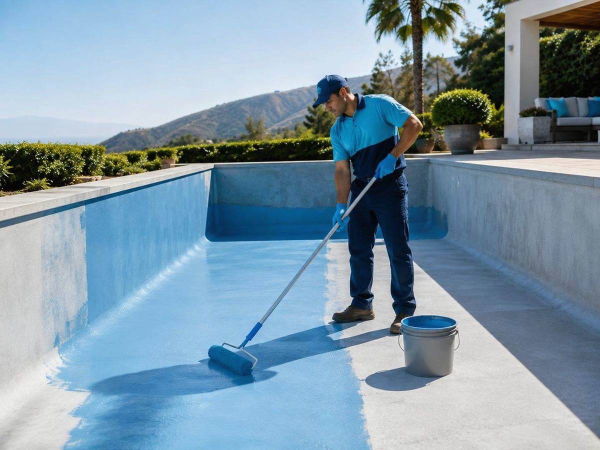 Piscina de hormigón vacía con superficie preparada antes de pintar