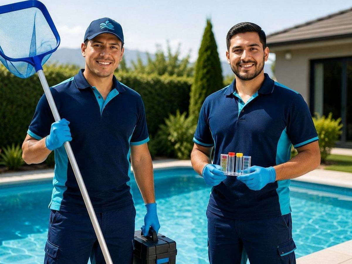 Técnico conversando con un propietario junto a una piscina para definir frecuencia de mantención