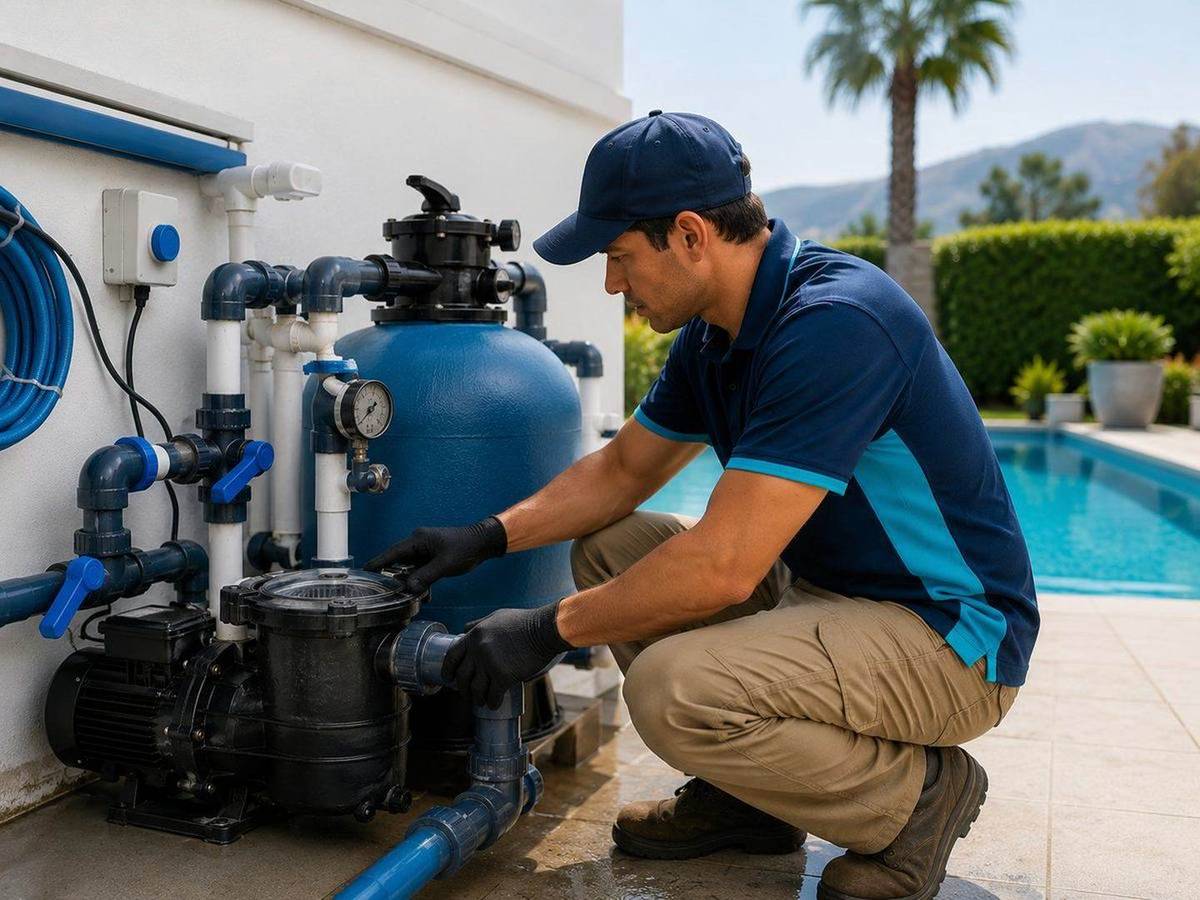 Técnico comprobando la bomba y el filtro de una piscina