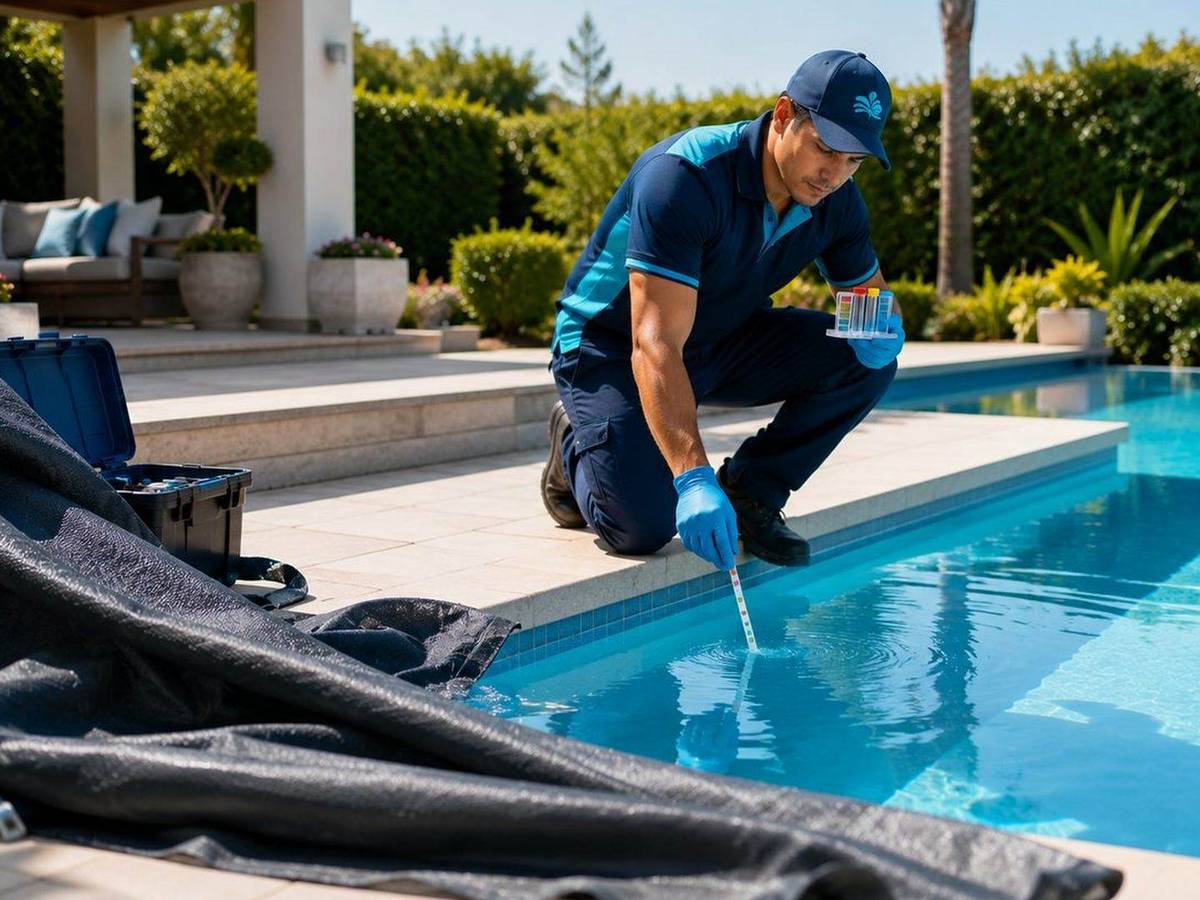 Técnico inspeccionando manchas en el revestimiento interior de una piscina