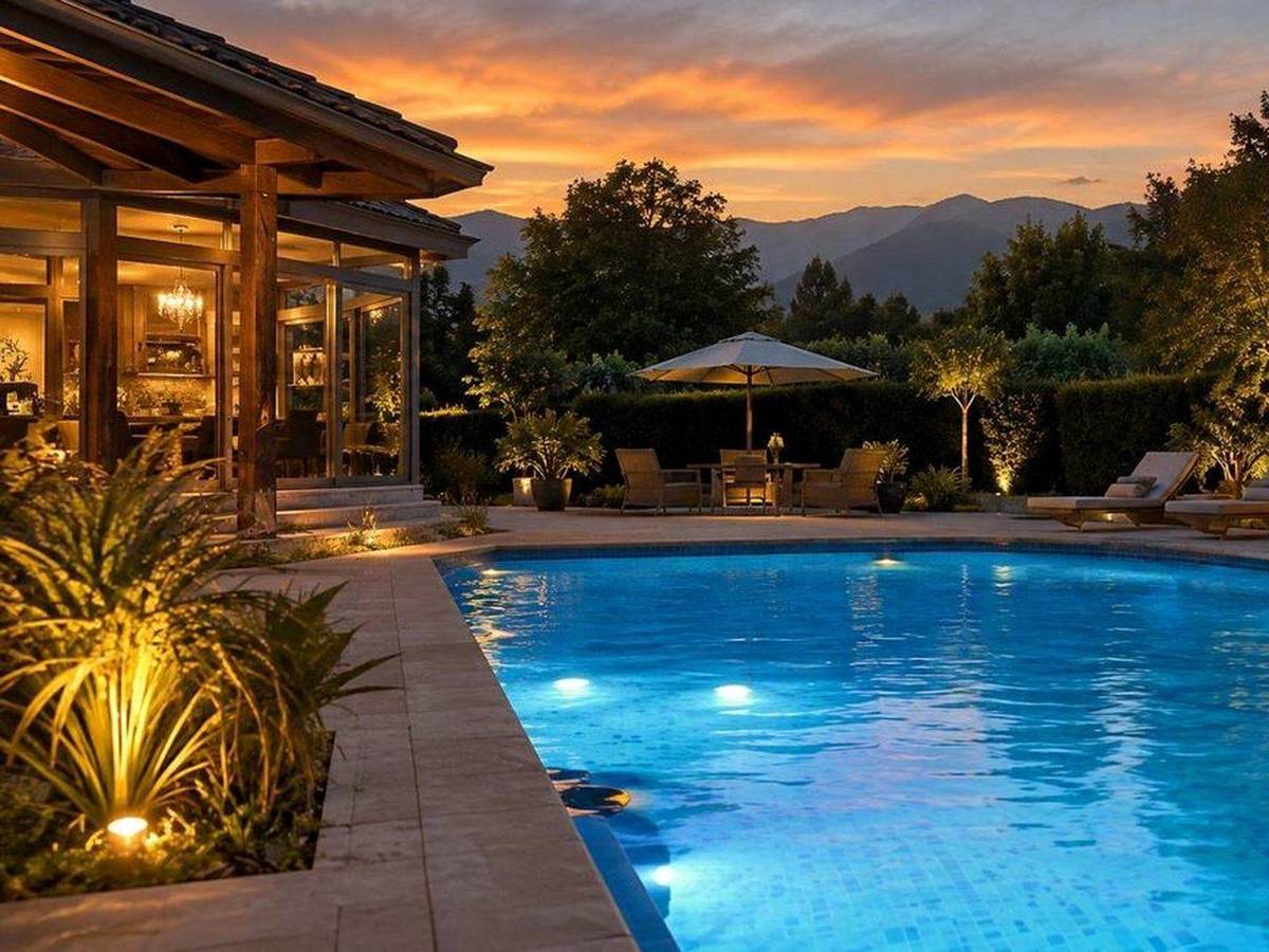 Piscina residencial cubierta parcialmente durante una mantención de invierno