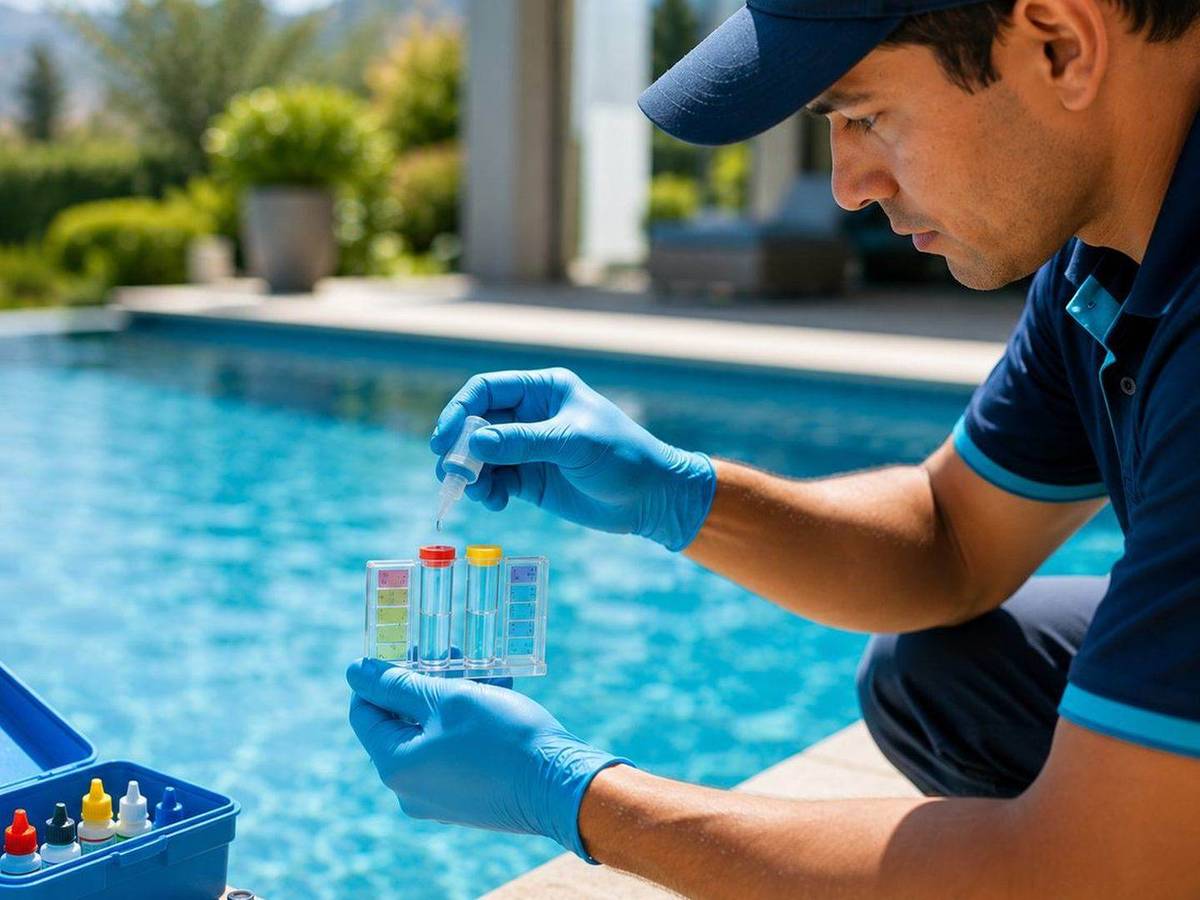 Piscina residencial mientras un técnico realiza un control del agua