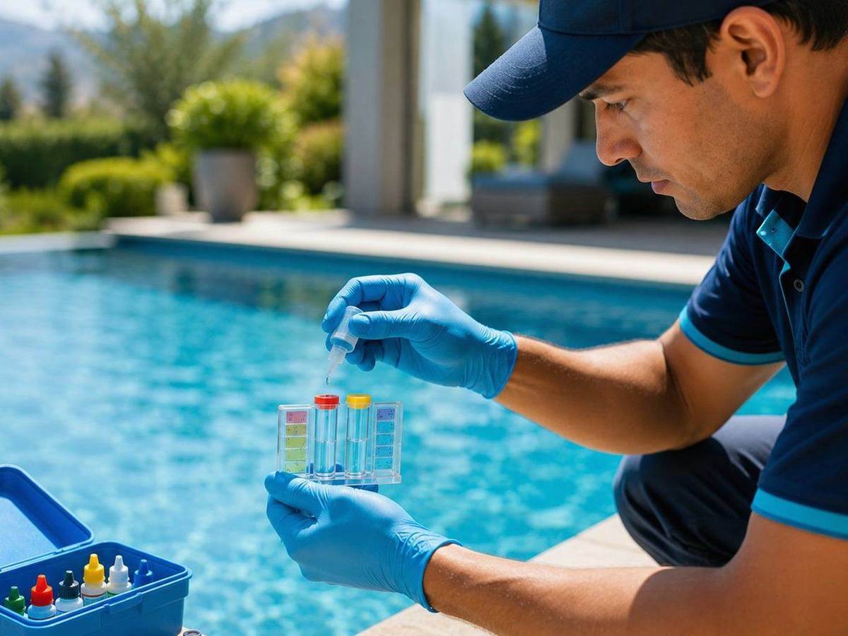 Técnico realizando una medición de pH junto a una piscina residencial