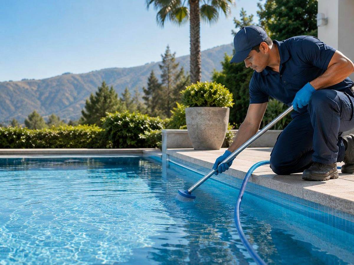 Piscina residencial bajo árboles con hojas en la superficie y un técnico usando una red