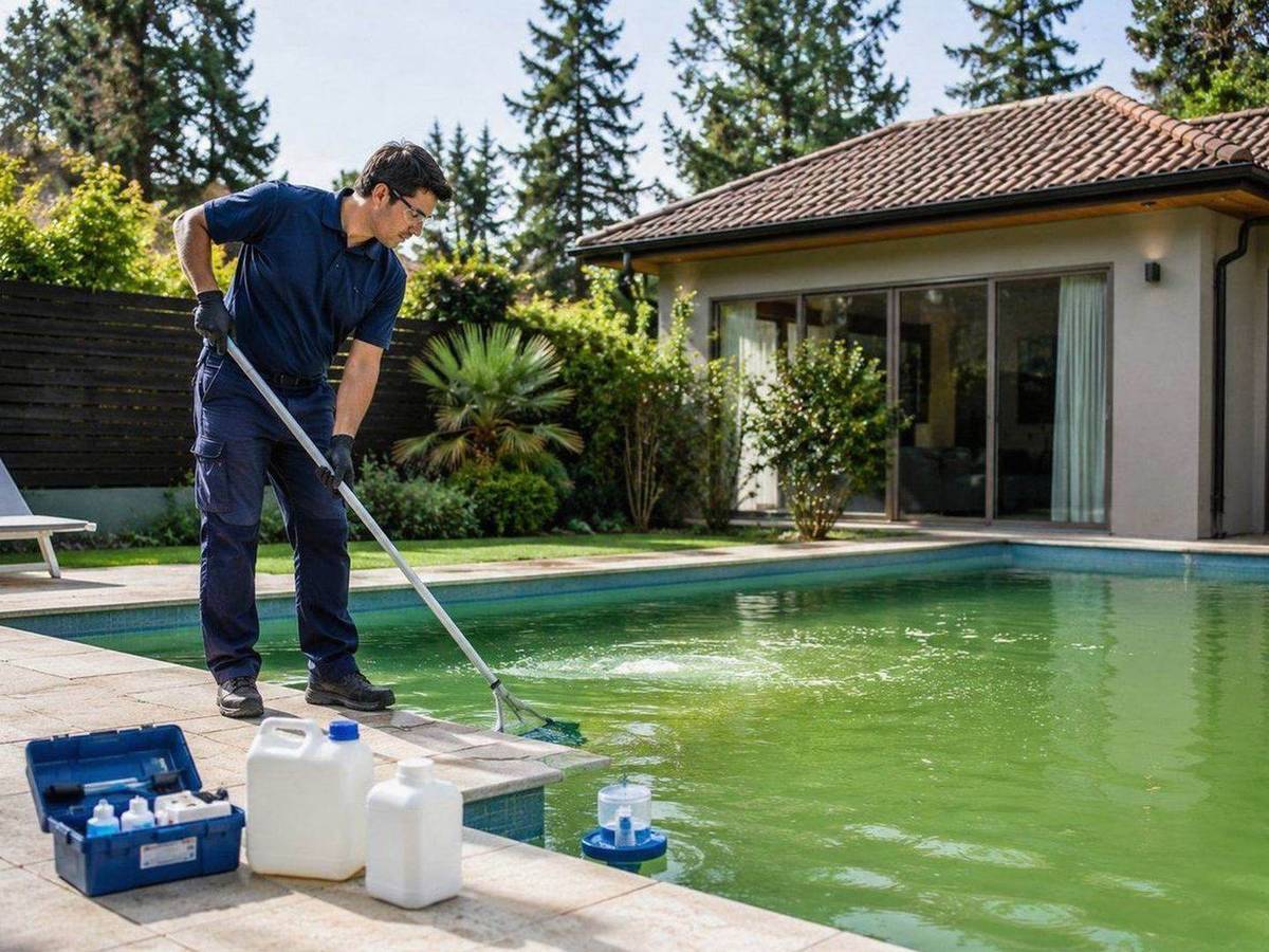Piscina con hojas y suciedad mientras un técnico inicia la recuperación después de varias semanas