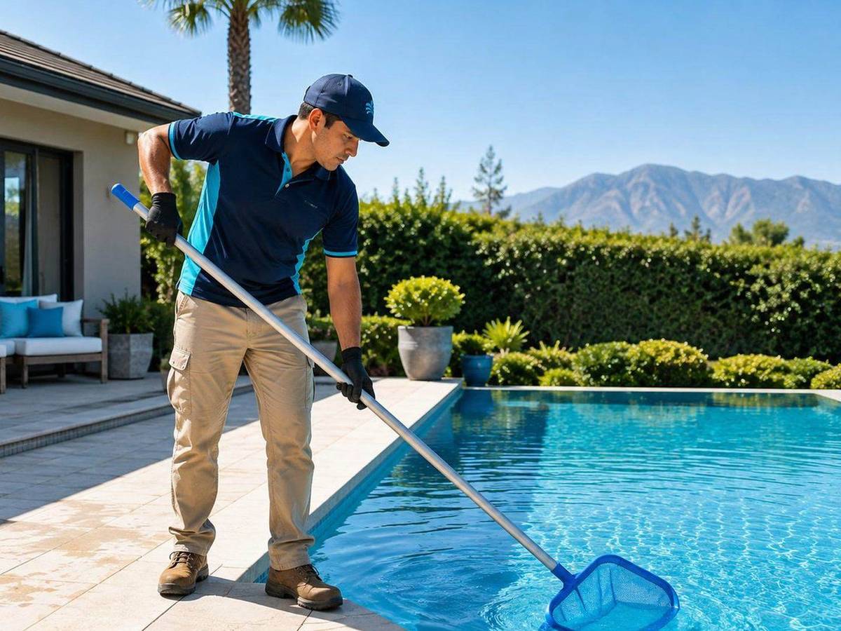 Piscina en una parcela de Lonquén rodeada de vegetación mientras un técnico retira residuos