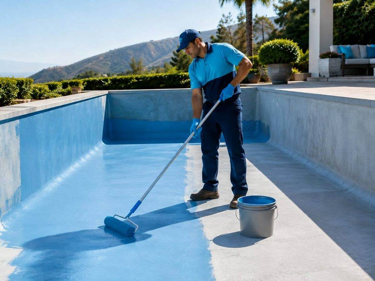 Técnico limpiando y lijando una piscina vacía antes de pintarla