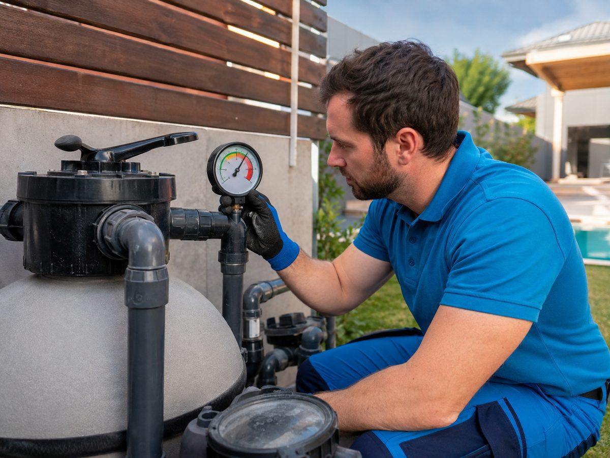 Técnico revisando un manómetro de filtro de piscina con presión alta