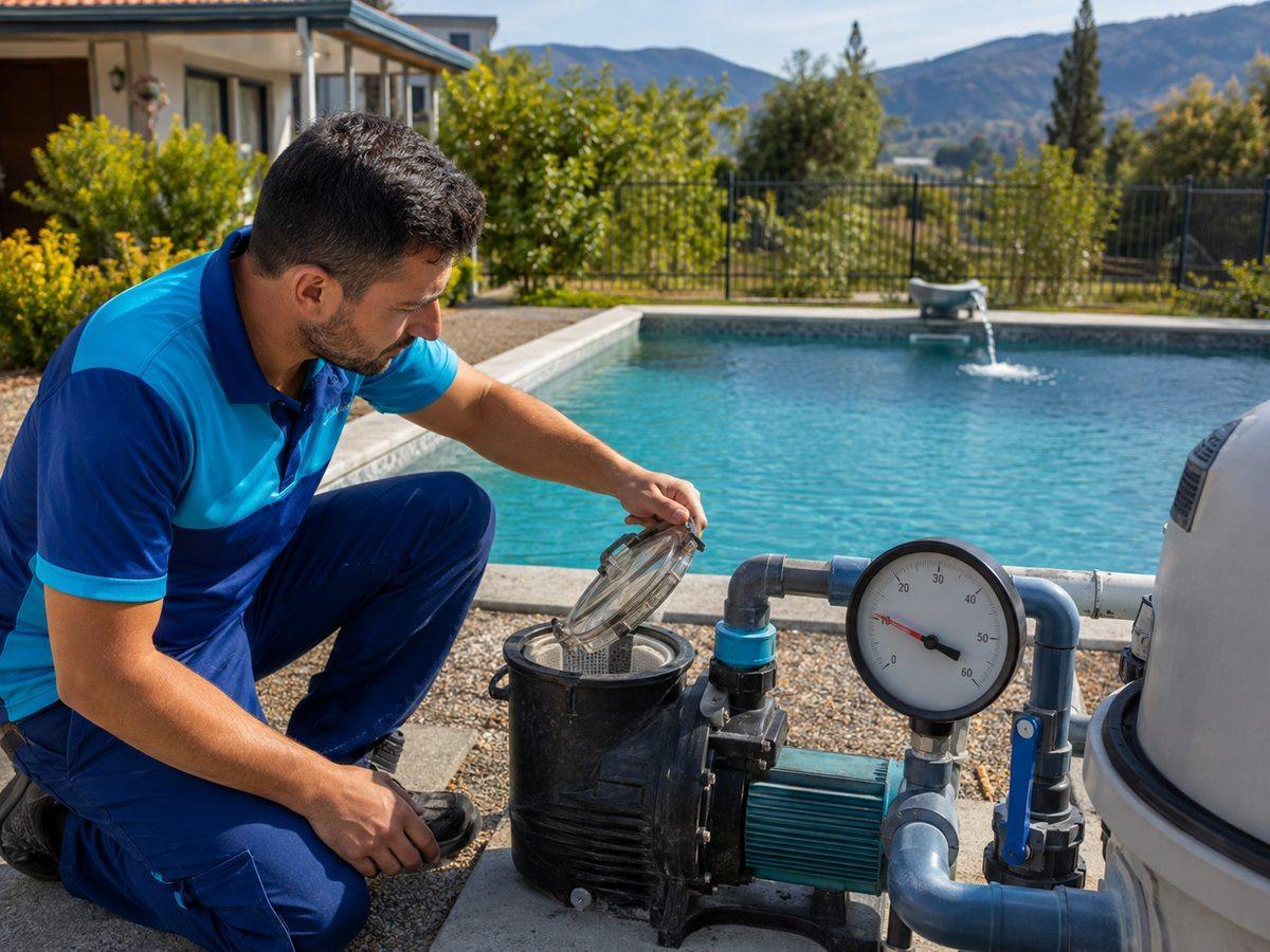 Técnico revisando una bomba de piscina con baja presión y poco caudal