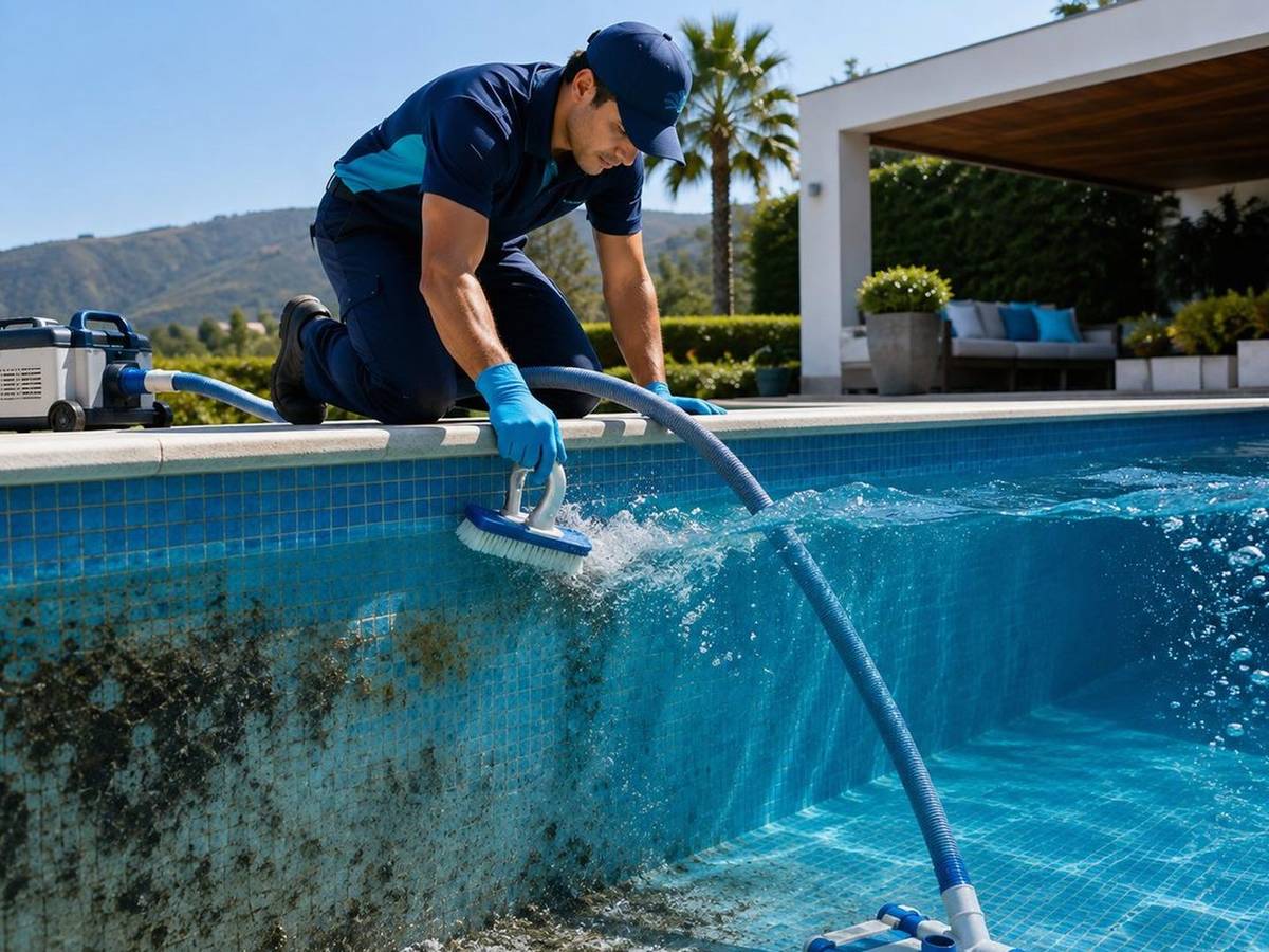 Técnico preparando una piscina residencial al comenzar la primavera