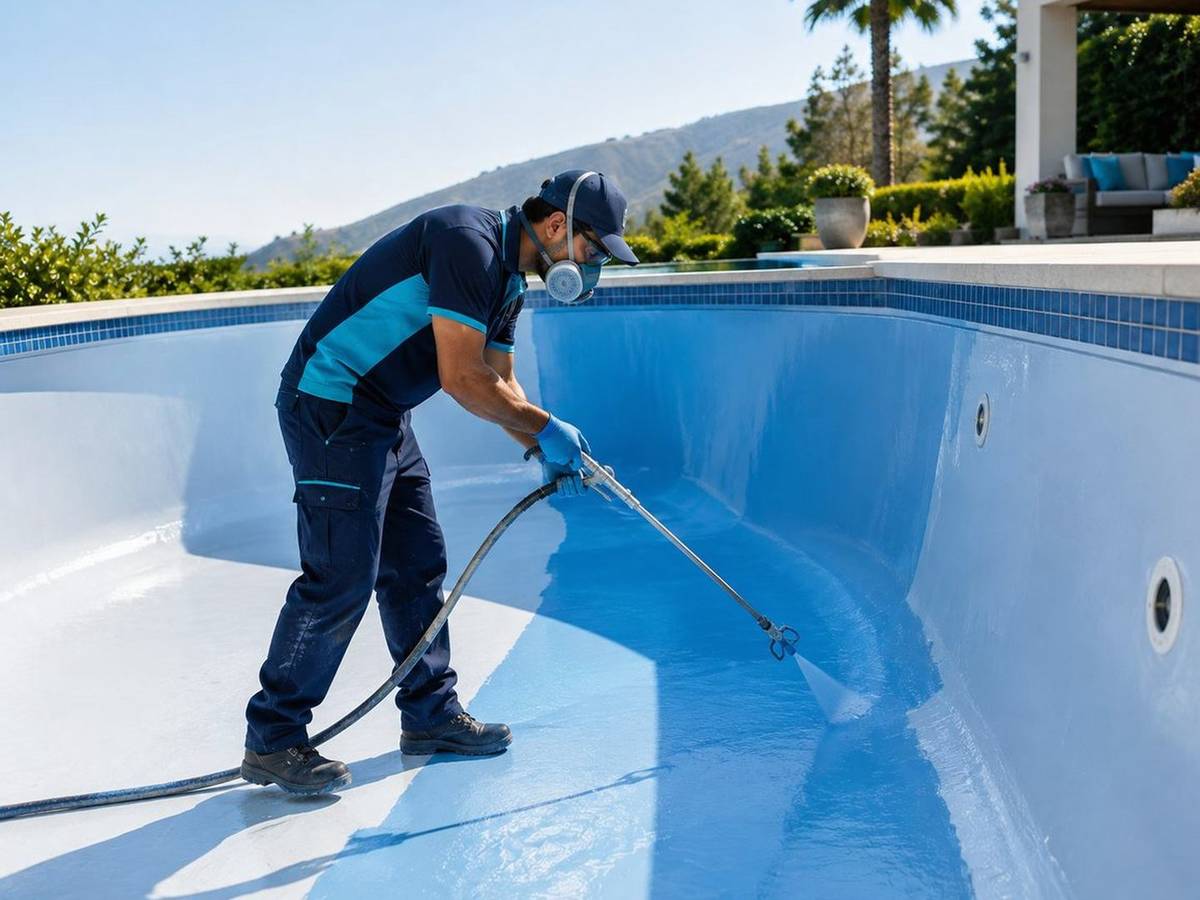 Piscina de fibra de vidrio vacía mientras un técnico prepara la superficie
