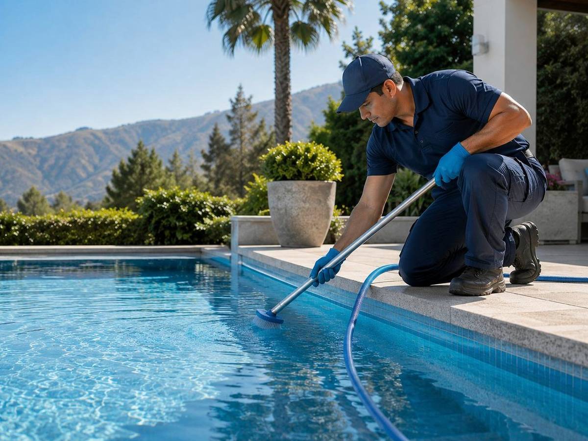 Técnico limpiando la canastilla de un skimmer en una piscina residencial
