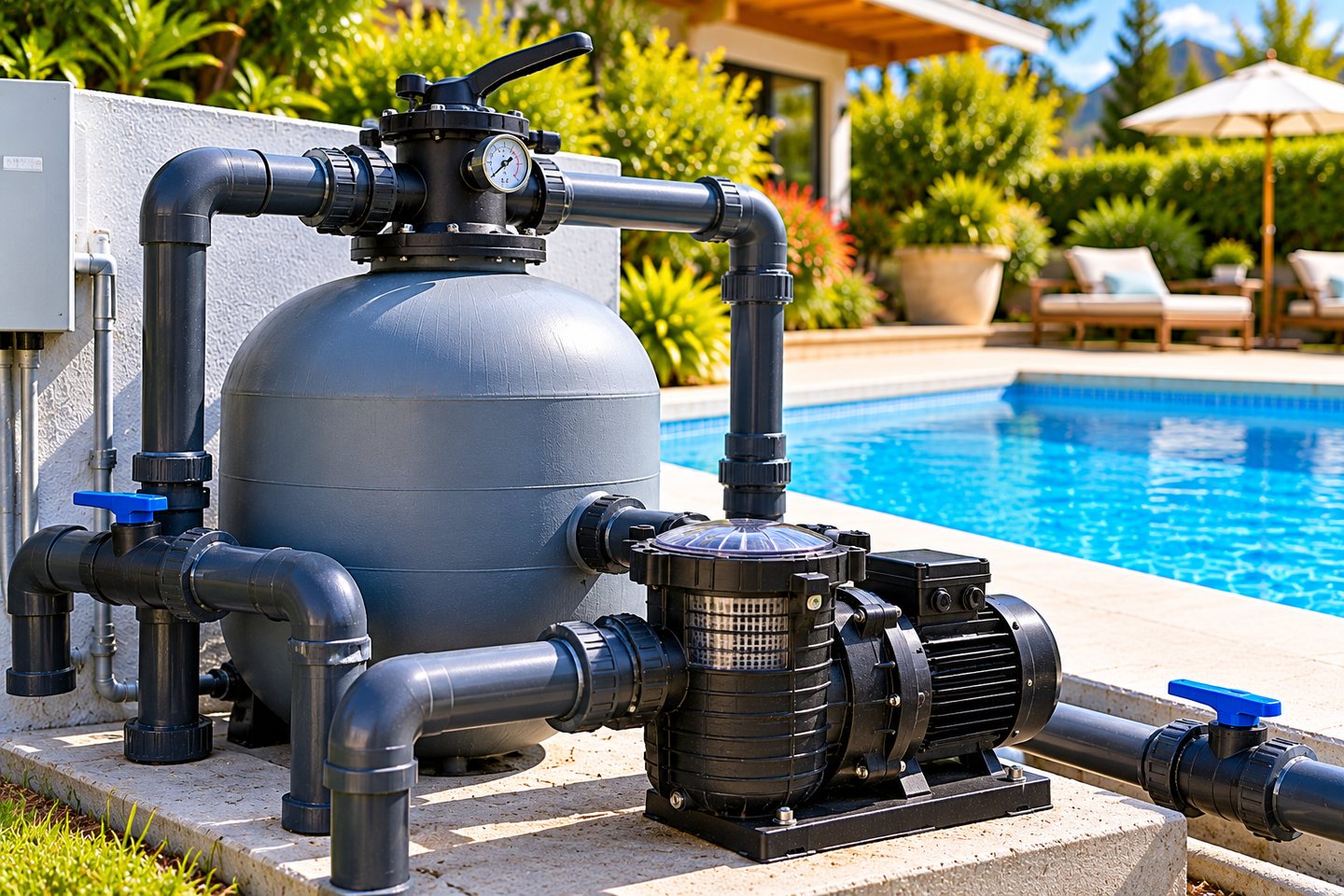 Sistema de bomba, filtro y conexiones de una piscina residencial