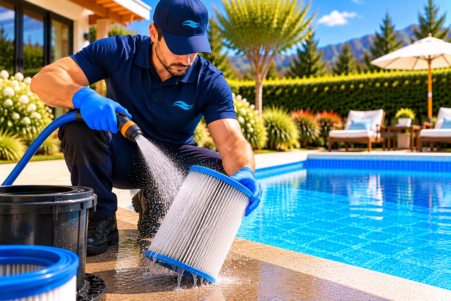 Técnico lavando cartucho filtrante de piscina
