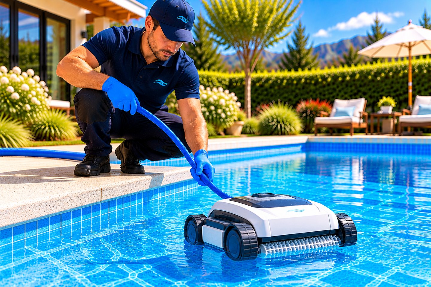 Limpiador de piscina automático en borde del agua