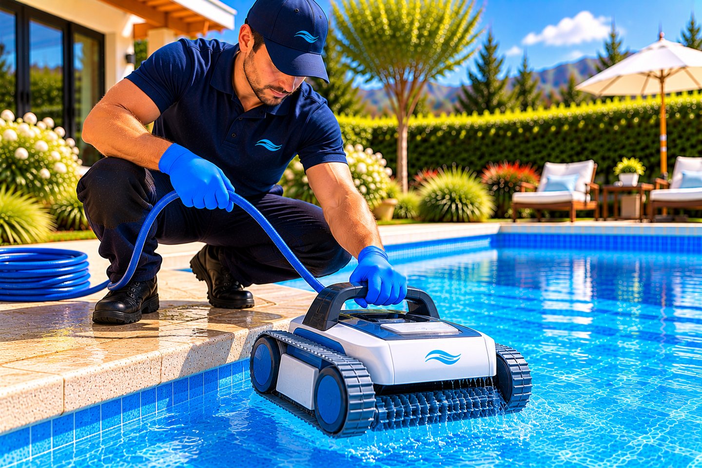 Equipo de limpieza automática trabajando en piscina