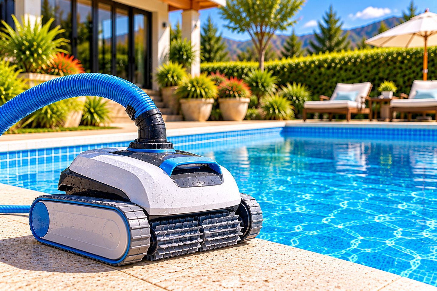 Equipo limpiador automático junto a piscina