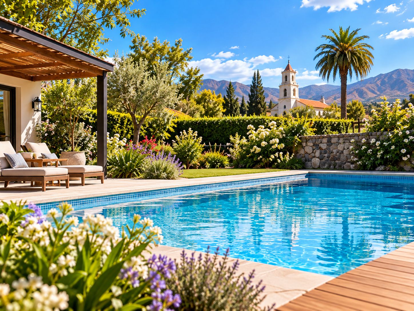 Piscina y entorno residencial ilustrativos del servicio en Peñaflor