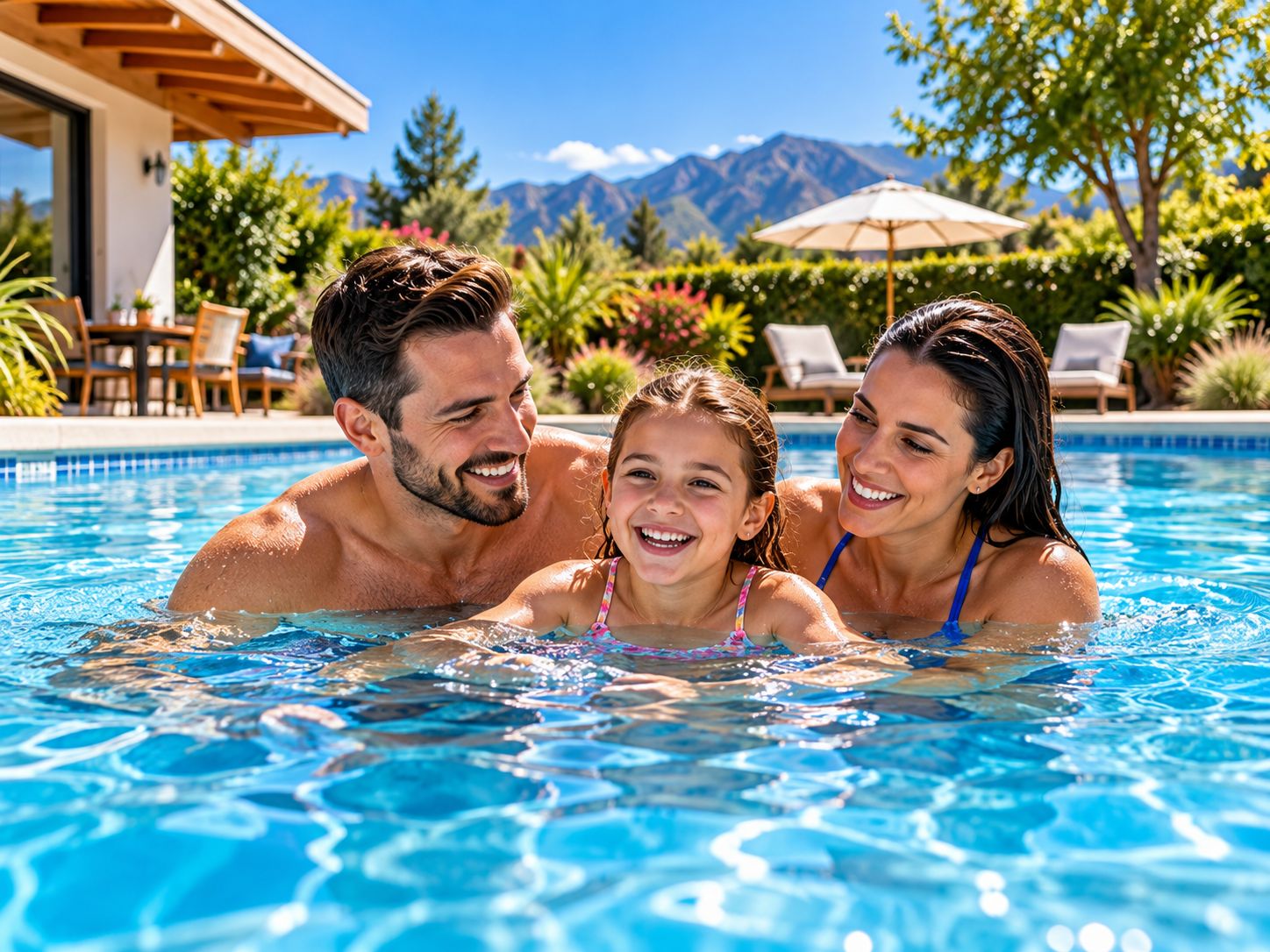Familia disfrutando una piscina residencial limpia y mantenida