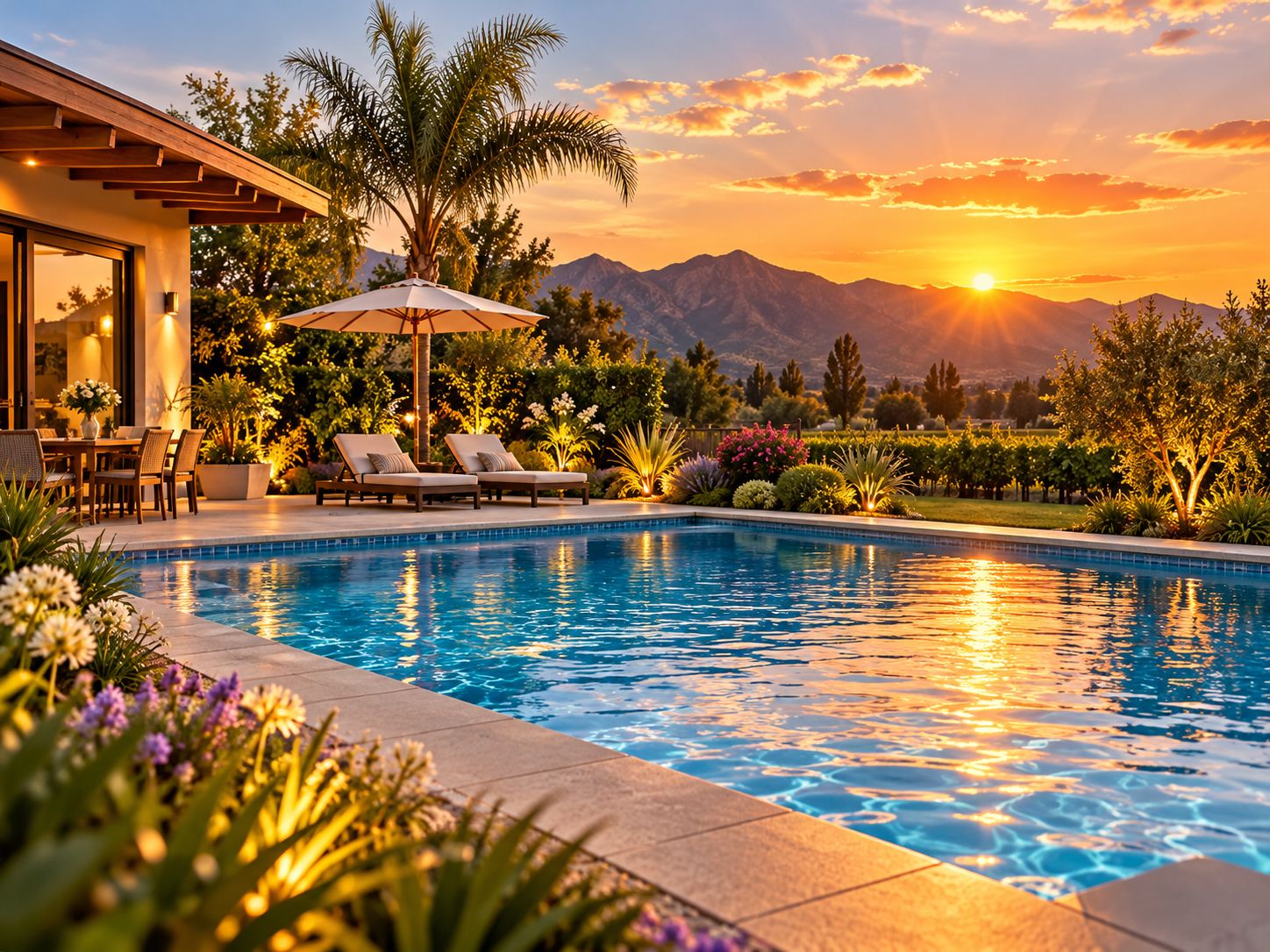 Piscina residencial cristalina al atardecer después de una mantención