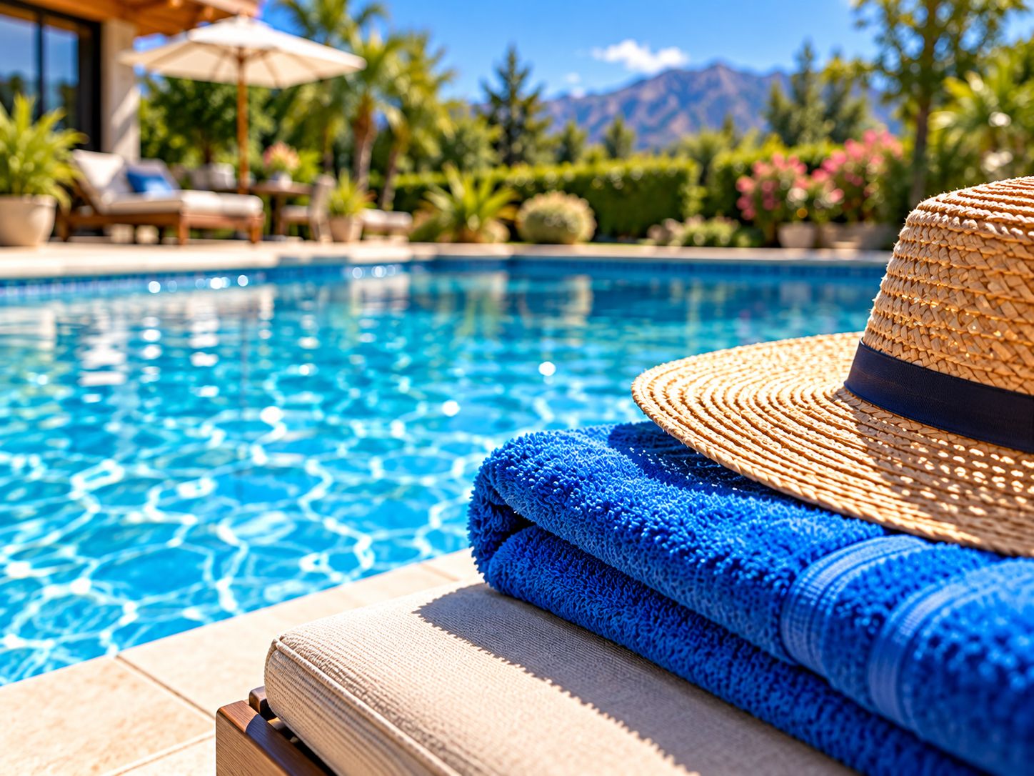 Piscina residencial limpia junto a accesorios de descanso