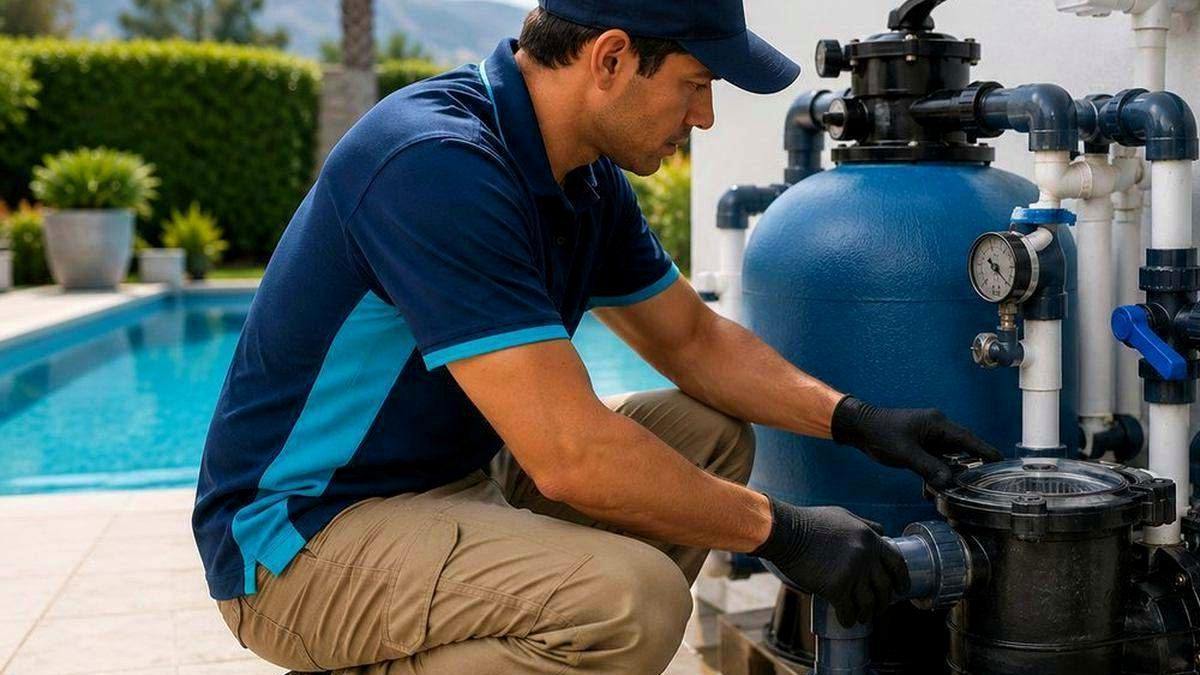 Sistema de bomba y filtro funcionando junto a una piscina residencial