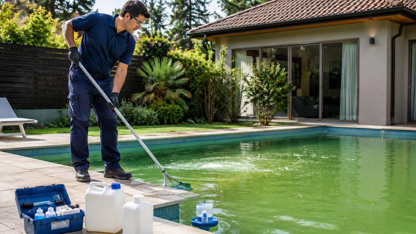 Técnico recuperando una piscina residencial para las guías y consejos del blog