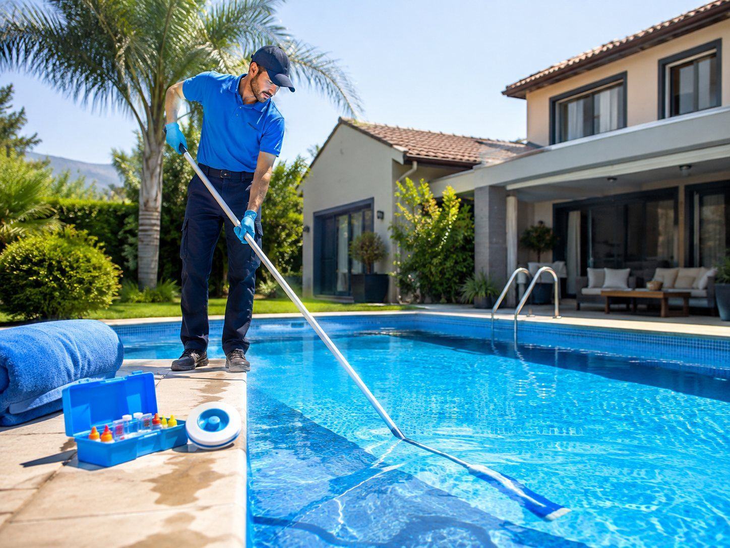 Limpieza profesional de una piscina residencial