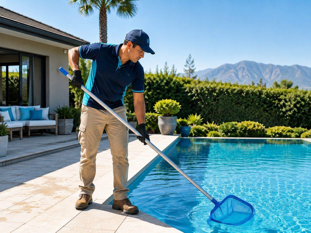 Técnico realizando mantención de una piscina residencial en Lonquén