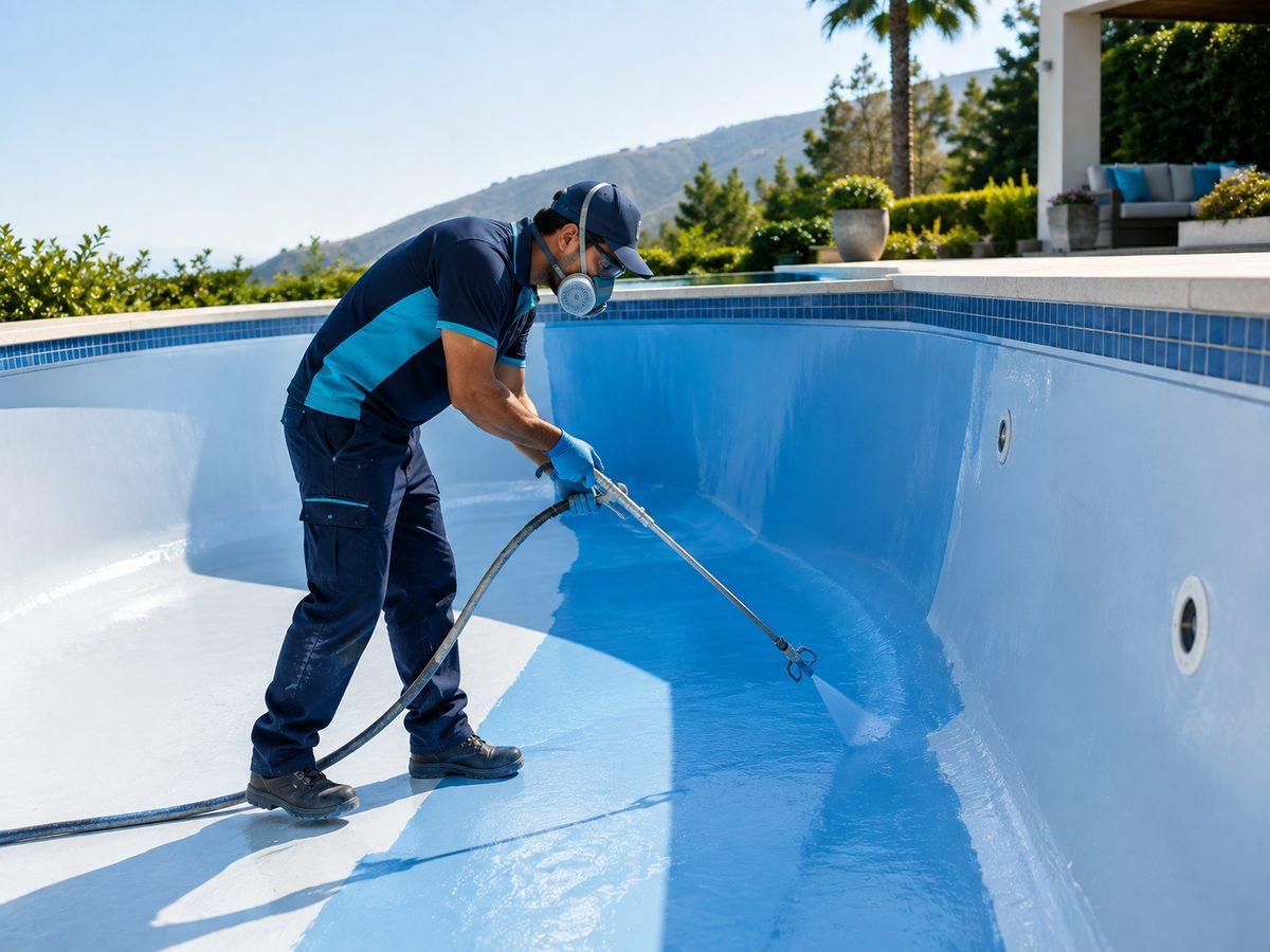 Piscina de fibra de vidrio con acabado interior azul renovado y superficie uniforme