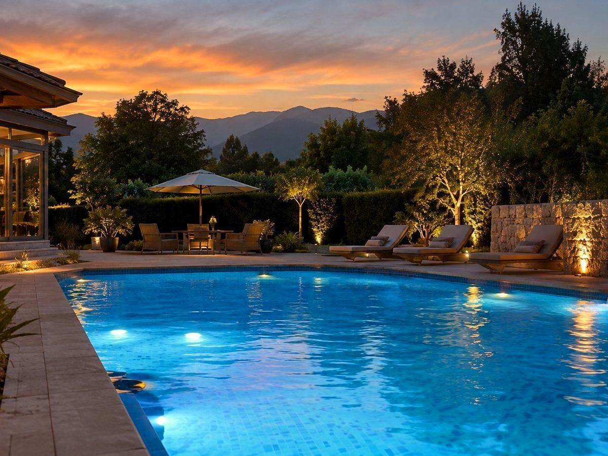 Piscina renovada con agua cristalina al atardecer