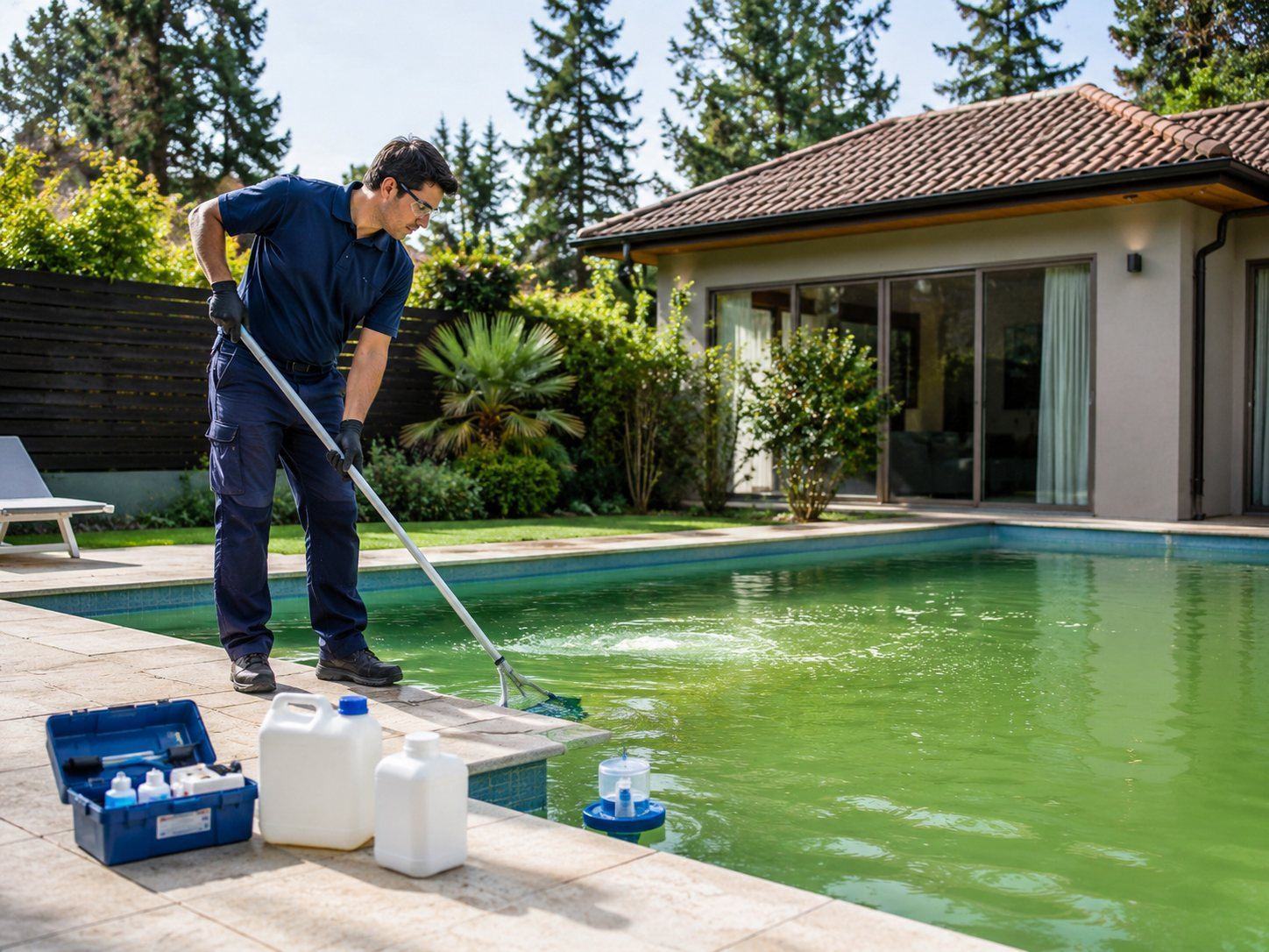 Piscina con agua verde antes de un tratamiento de recuperación