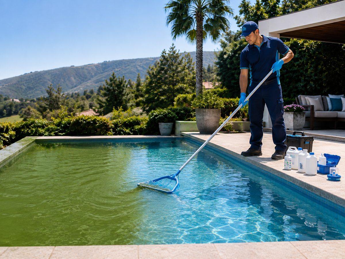 Técnico trabajando en una piscina verde con algas para recuperar el agua